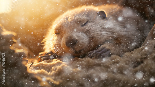 cute fluffy groundhog wakes up in his burrow day, the onset of spring, the change of seasons, prediction in February