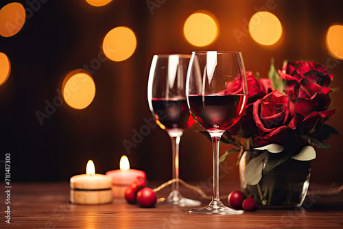 Romantic dinner setting with red wine, roses, and candles, Valentine's day concept