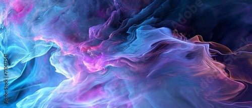 Abstract blue, mint, and purple background with interlaced smoke glitch and distortion effect. Generative AI photo
