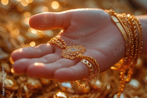 Close-up of a woman wearing gold jewelry in her hand. Generative Ai.