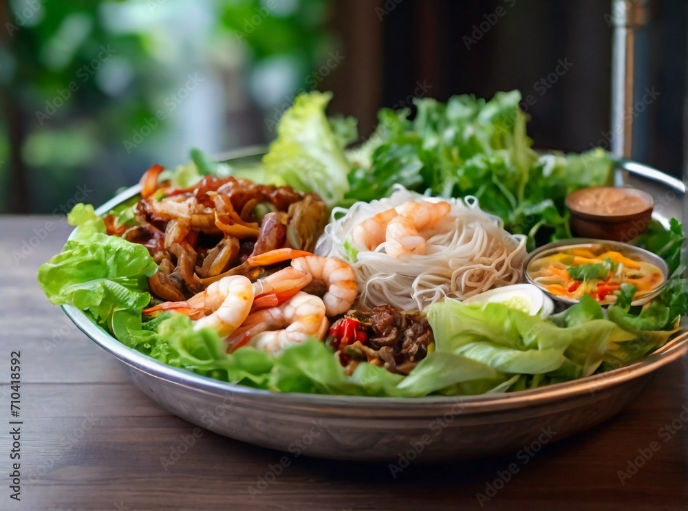 Miang Thai Food Style a plate with shrimp, vegetables and glass noodle Miang Thai Food Style a plate with shrimp, vegetables and glass noodle