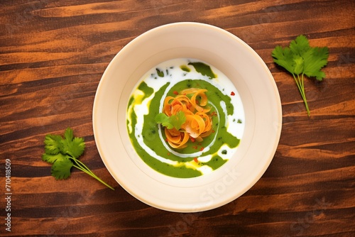 top view of soup garnished with cream swirl and coriander leaves