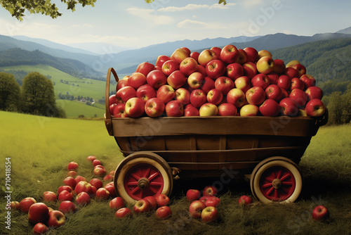 a small wooden push-wagon full of ripe apples standing on a meadow in a mountainous region in front of hills and a forest