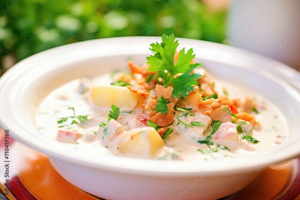 close-up of creamy chowder garnished with fresh parsley