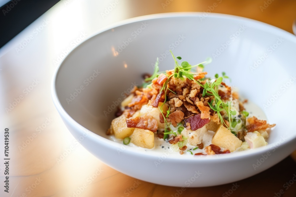 clam chowder with potato and bacon bits topping clam chowder with potato and bacon bits topping