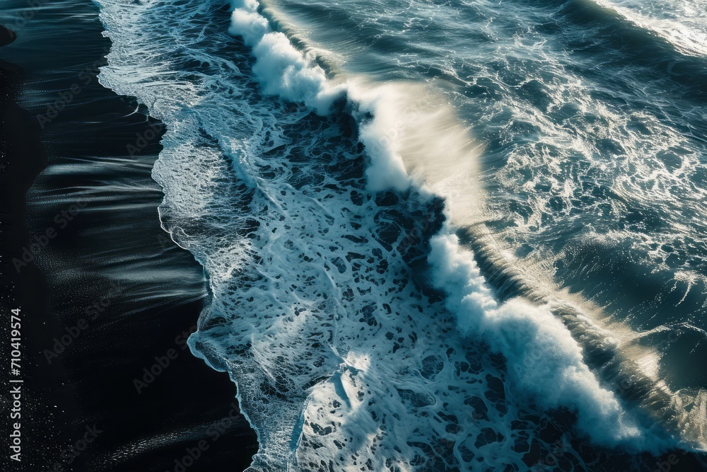 Aerial Photography of Waves crashing on a black sand beach in Iceland. Generative AI