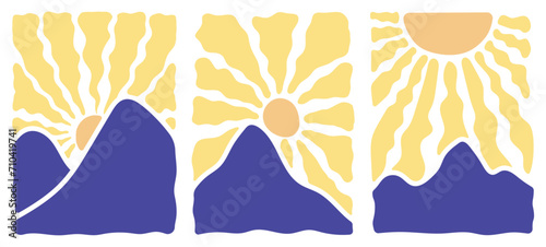 Groovy retro abstract sun and mountain backgrounds. doodle shapes in trendy naive hippie 60s 70s style. Square wavy vector illustration in yellow colors.