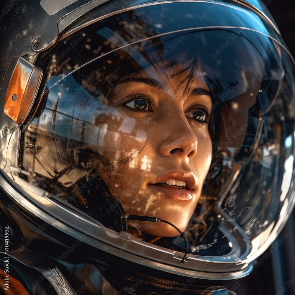 Potrait of beautiful woman astronaut wear space suit and helmet. Potrait of beautiful woman astronaut wear space suit and helmet.