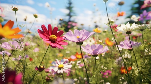 Colorful wildflowers blooming in vibrant meadow. Nature and botany.