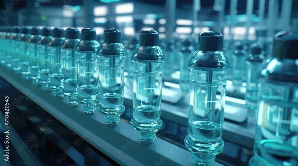 Medical vials production line on the automatic conveyor line. Pharmaceutical manufacture industry. Sterile glass bottle production. Medical vials production line on the automatic conveyor line. Pharmaceutical manufacture industry. Sterile glass bottle production.