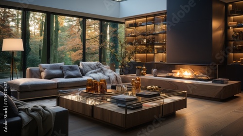 Modern living room in George   s hill  led recess ceiling  large tv  fireplace 