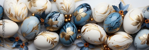 Blue and white golden easter egg lined up. Happy easter egg background concept. © dwiadi14