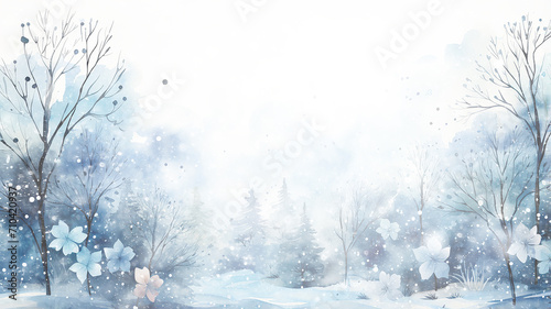 winter postcard blank form watercolor drawing, landscape in blue tones, covered with snow, snowfall in light blue tones abstract blurred background