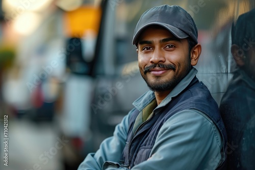 The uniformed delivery van driver is an Indian guy. Generative Ai. photo