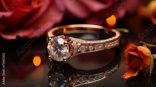 Create 1 piece product gold ring with a shinning small white gemstone on it, make the ring inside luxury red box, © piumi
