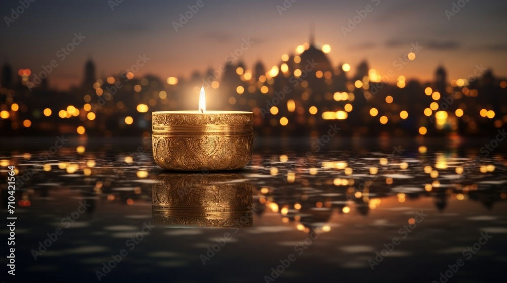 Arabic burning candle in light bokeh city background. Ramadan Kareem concept background