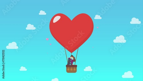 Loving coule are kissing on big heart balloon motion. 4k video animated