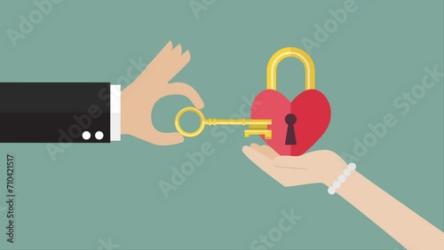 Man try to unlock woman's heart motion. 4k video animated
