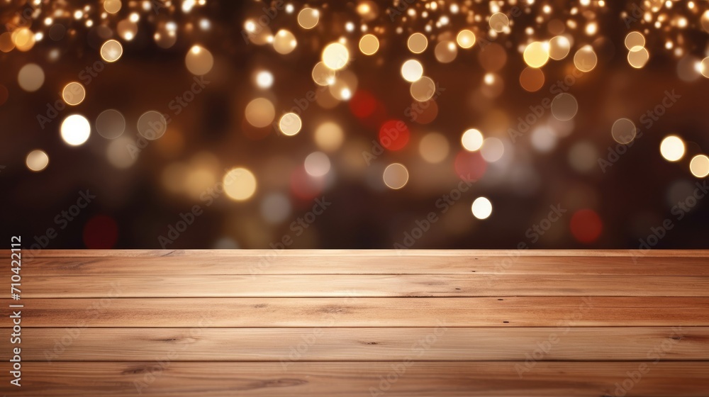 Empty wooden top table with sparkle light bokeh background. Creative mock up for product display.