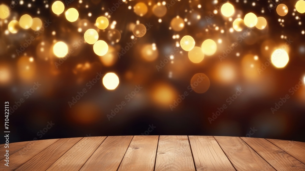 Empty wooden top table with sparkle light bokeh background. Creative mock up for product display.