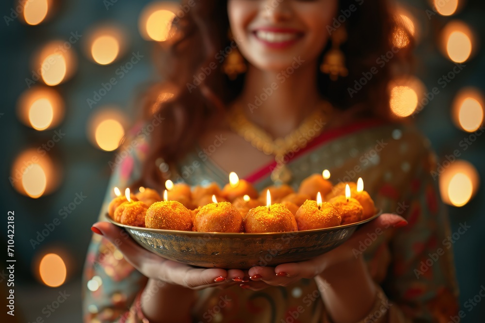 Attractive woman with a dish full of delicious ladoo. Generative Ai.