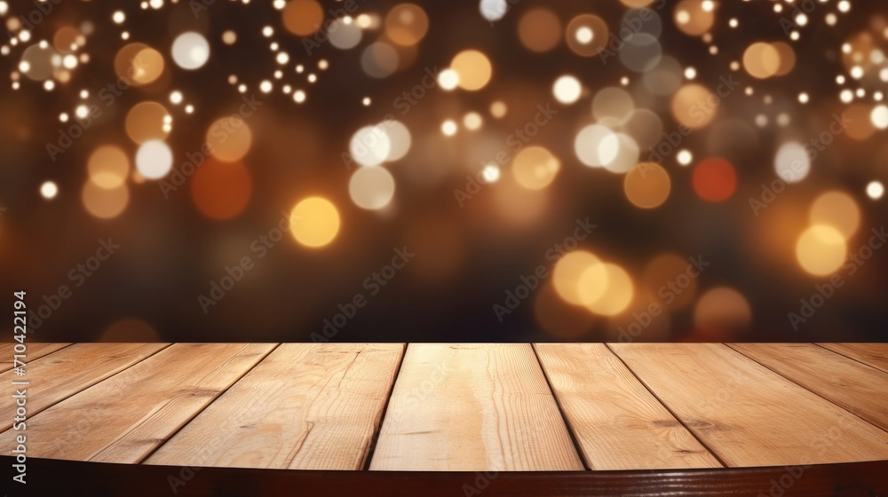Empty wooden top table with sparkle light bokeh background. Creative mock up for product display.