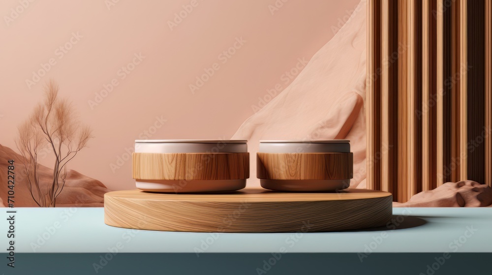 The Nudes and Mauvesback background with a wooden podium. On top of the wooden podium, two small podiums add a minimal touch to the product display - obrazy, fototapety, plakaty 