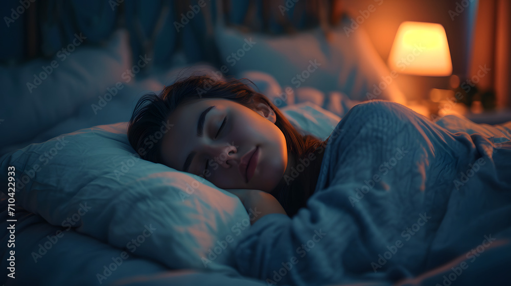 Beauty young woman sleeping in bed at home - obrazy, fototapety, plakaty 