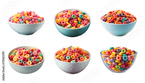 Collection bowl of colorful fruit cereals isolated on a transparent background photo