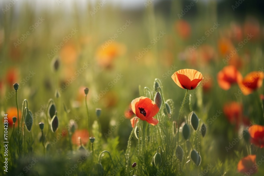 Obraz premium Field of Scarlet: A Stunning Image Featuring a Red Poppy in the Meadow, Nature's Vibrant Expression of Beauty and Tranquility. 