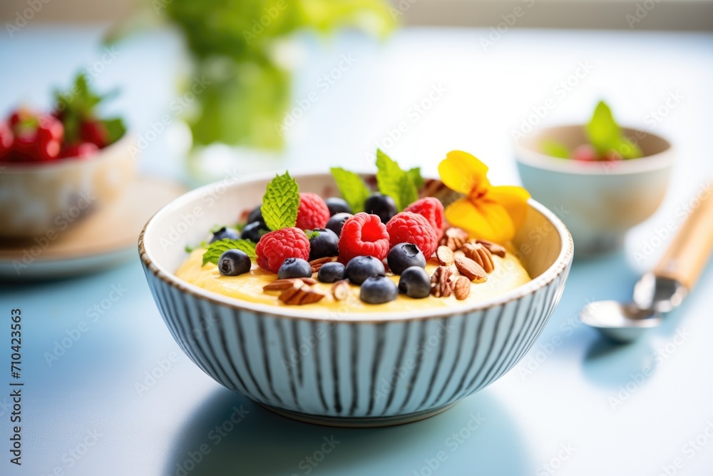 vegan tofu pudding in bowl with berries vegan tofu pudding in bowl with berries