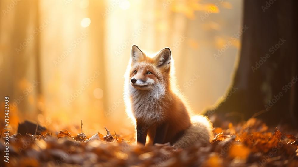 Obraz premium cute fox in the autumn forest, orange tones of an autumn day in a portrait of a wild nature predator