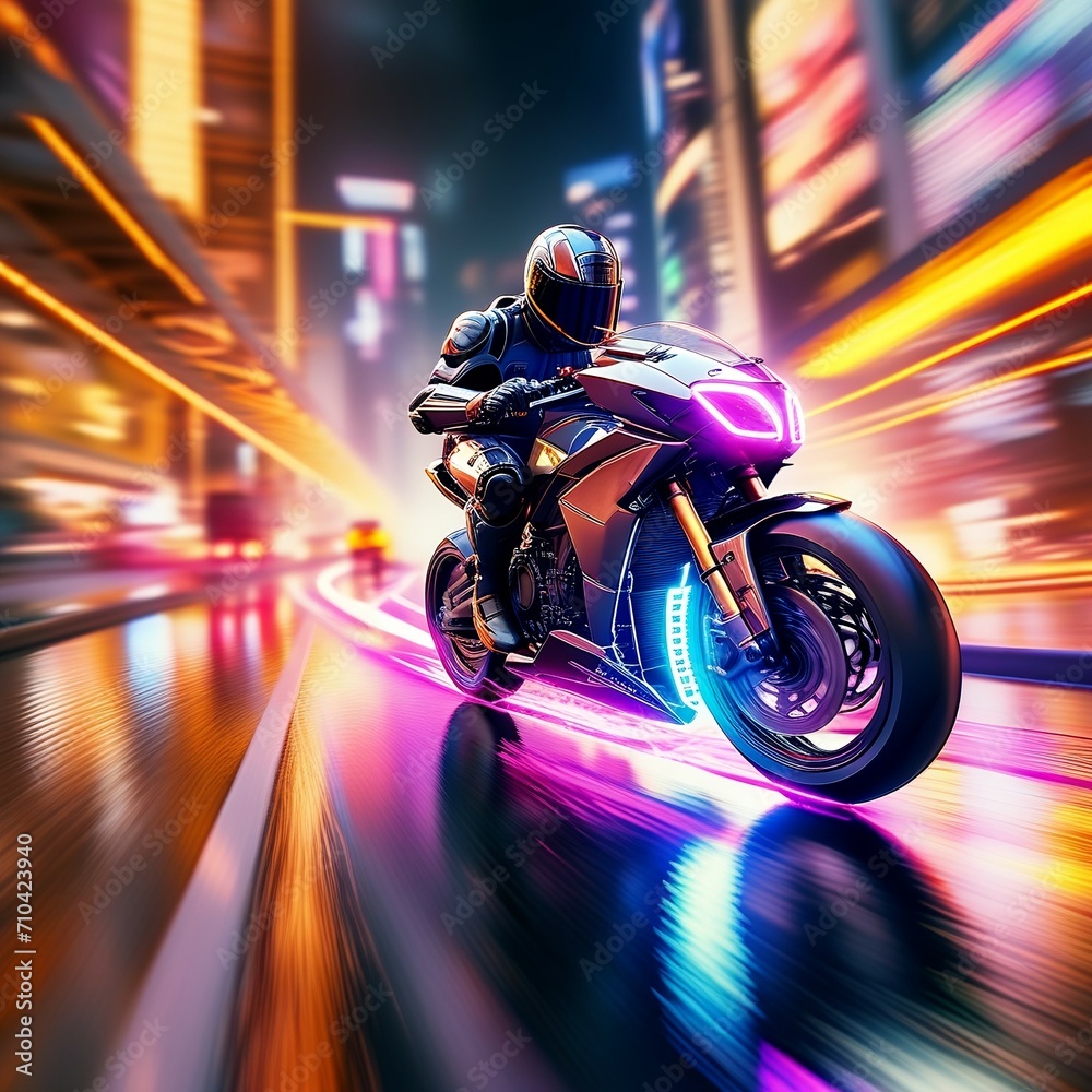 Experience the thrill of a night race through city streets as a bike and robot speed along a vanishing point road. Dynamic lights create a visually captivating composition.