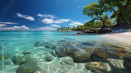 The image features a pristine beach with crystal - clear turquoise waters gently lapping against the shore.