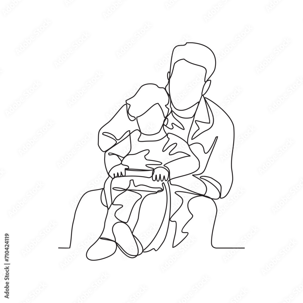 Fototapeta premium One continuous line drawing of a child is playing and learning with his father in their house vector illustration. Child and Dad study activity illustration in simple linear style vector concept.