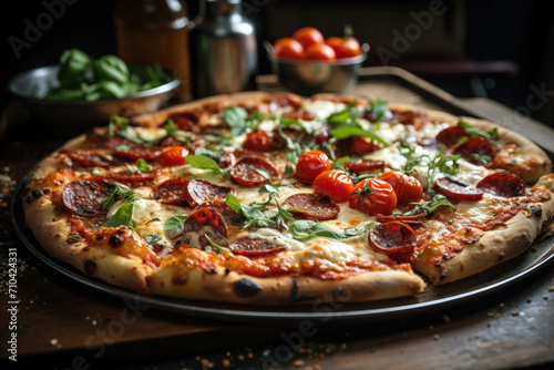 Pizza with salami, tomatoes and olives on wooden background