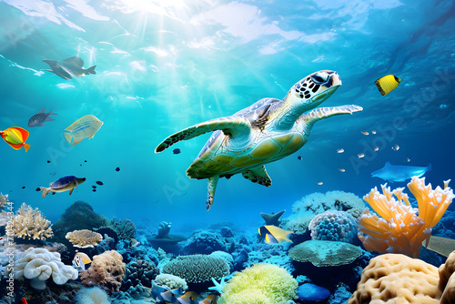 Majestätische Meeresschildkröte in einer bunten Unterwasserlandschaft mit Korallen © Seegraphie