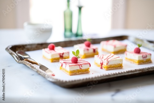 individual wrapped raspberry cheesecake squares on a tray