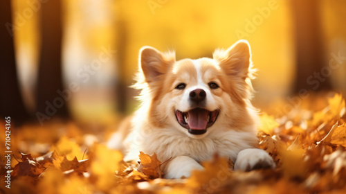 Cute dog in autumn park closeup. Space for text © Anas