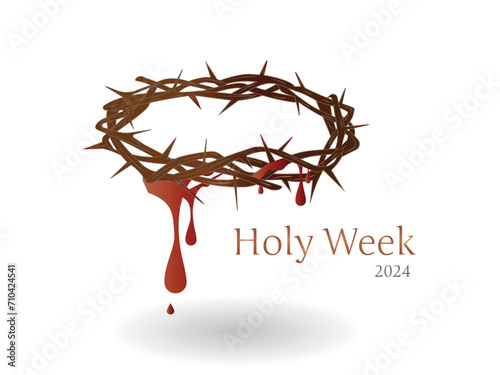 Crown of thorns, christine symbol with some drops of blood on white background and space for text.