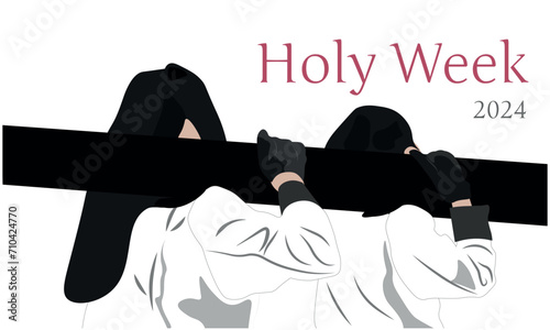 Cofrade with his habit, tunic and white glove, carrying to the shoulder eun paso de semana santa.Processions of holy week