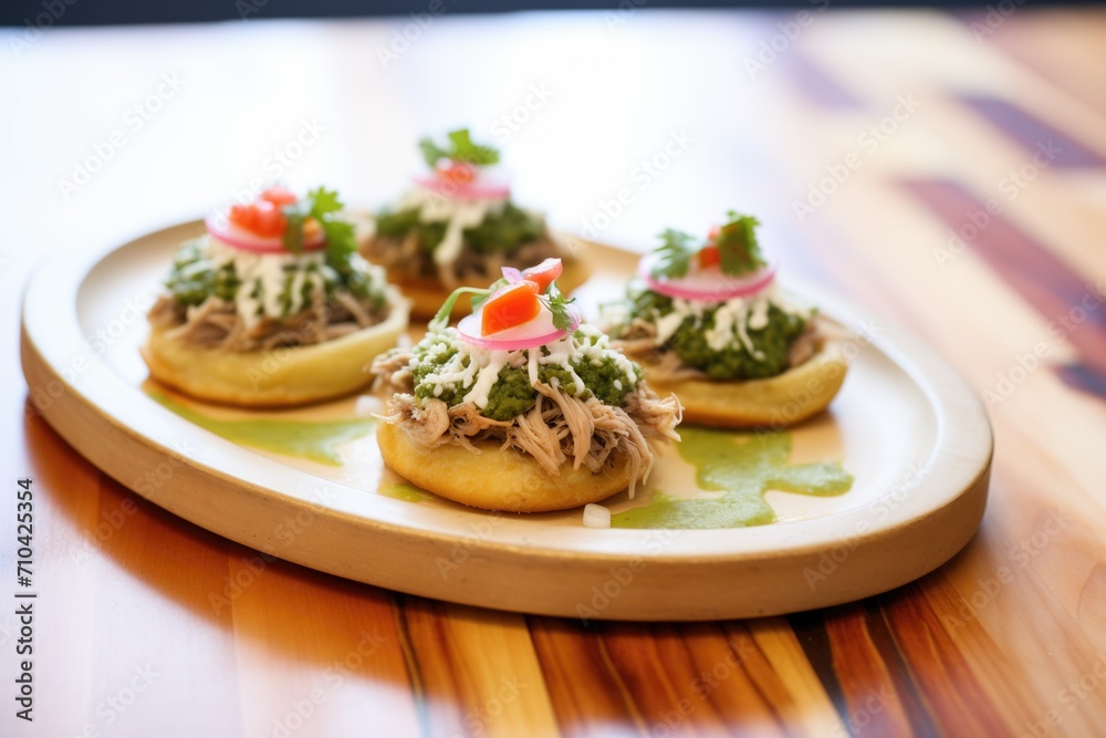 fresh sopes topped with pulled pork and green sauce fresh sopes topped with pulled pork and green sauce