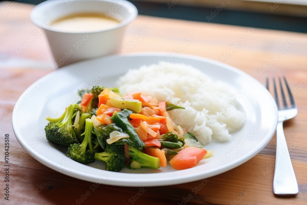 plate of steamed vegetable medley with rice on the side plate of steamed vegetable medley with rice on the side