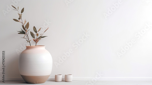 a rustic backdrop in neutral colors with copyspace and vases in the foreground