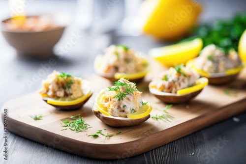 stuffed mushrooms with crab meat and lemon slices on board