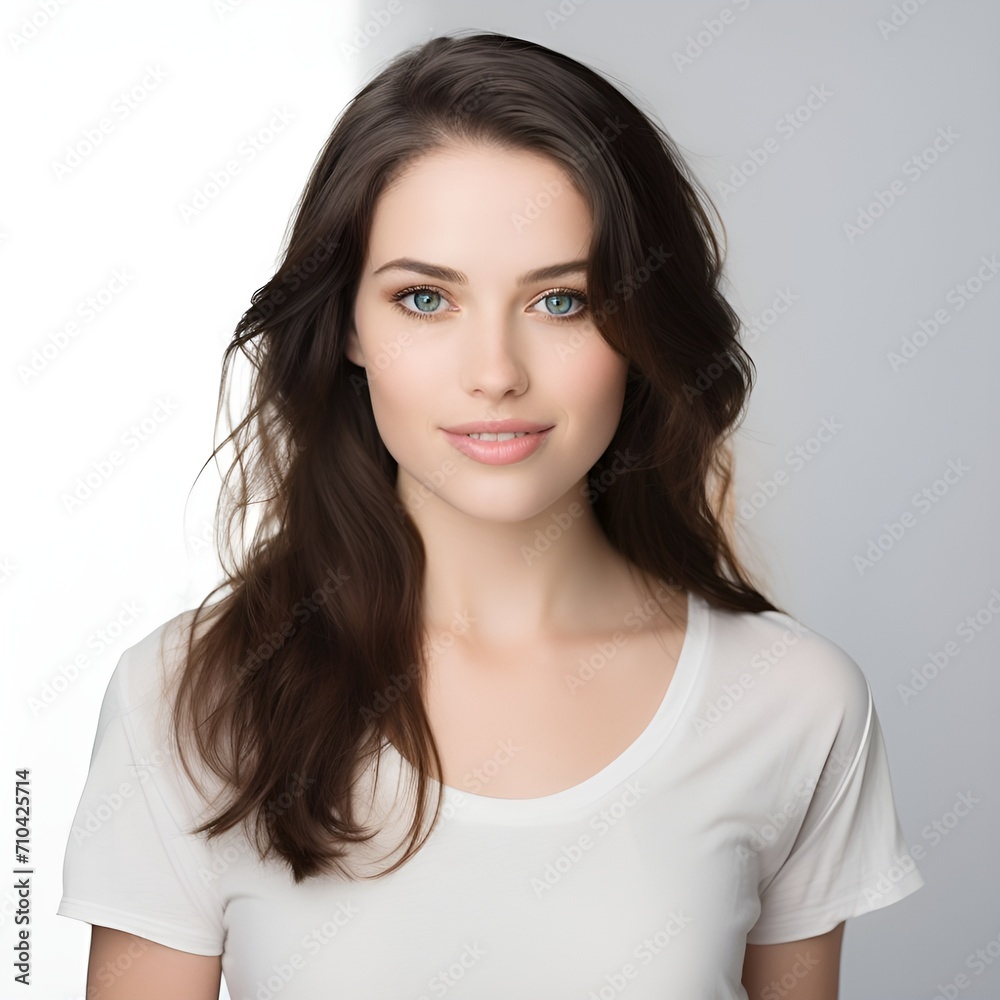 young happy long brunette woman posing and looking in camera,white background young happy long brunette woman posing and looking in camera,white background