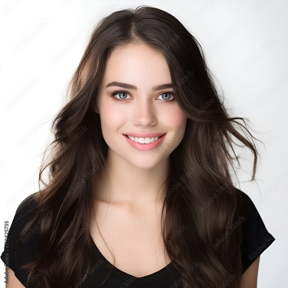 young happy long brunette woman posing and looking in camera,white background young happy long brunette woman posing and looking in camera,white background