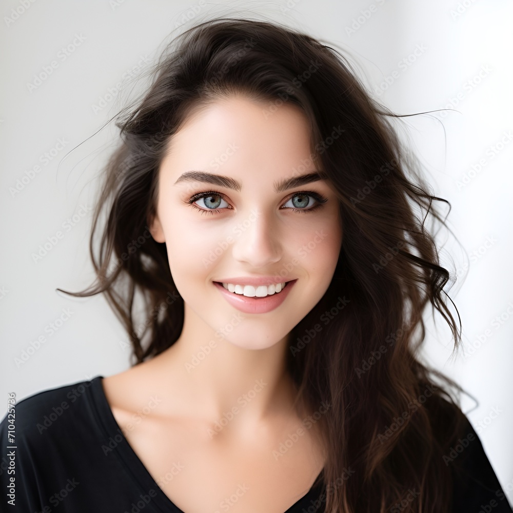 Naklejka premium young happy long brunette woman posing and looking in camera,white background
