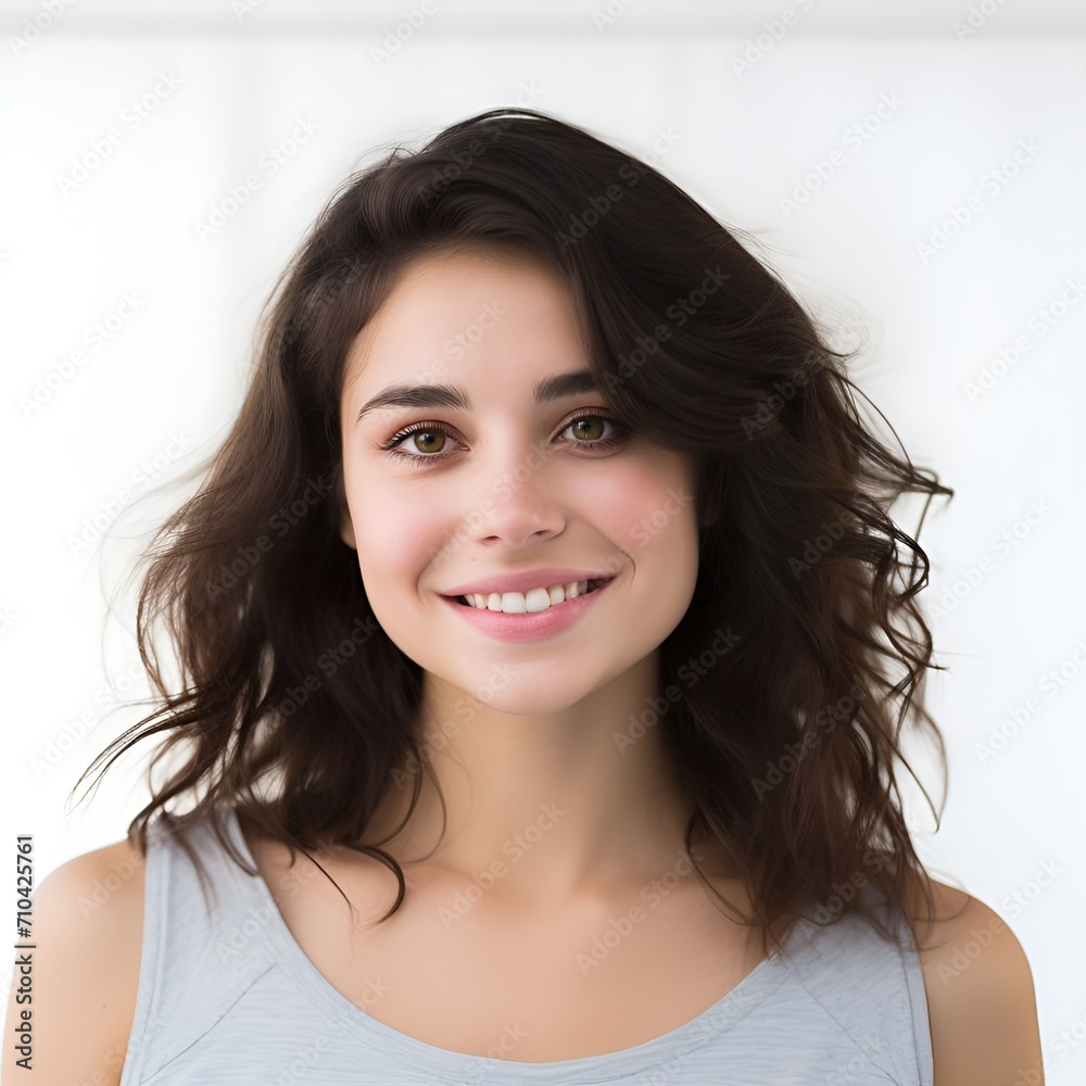 young happy long brunette woman posing and looking in camera,white background
