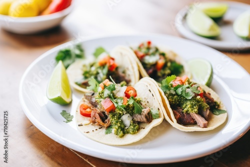 carne asada tacos with fresh salsa verde and limes photo